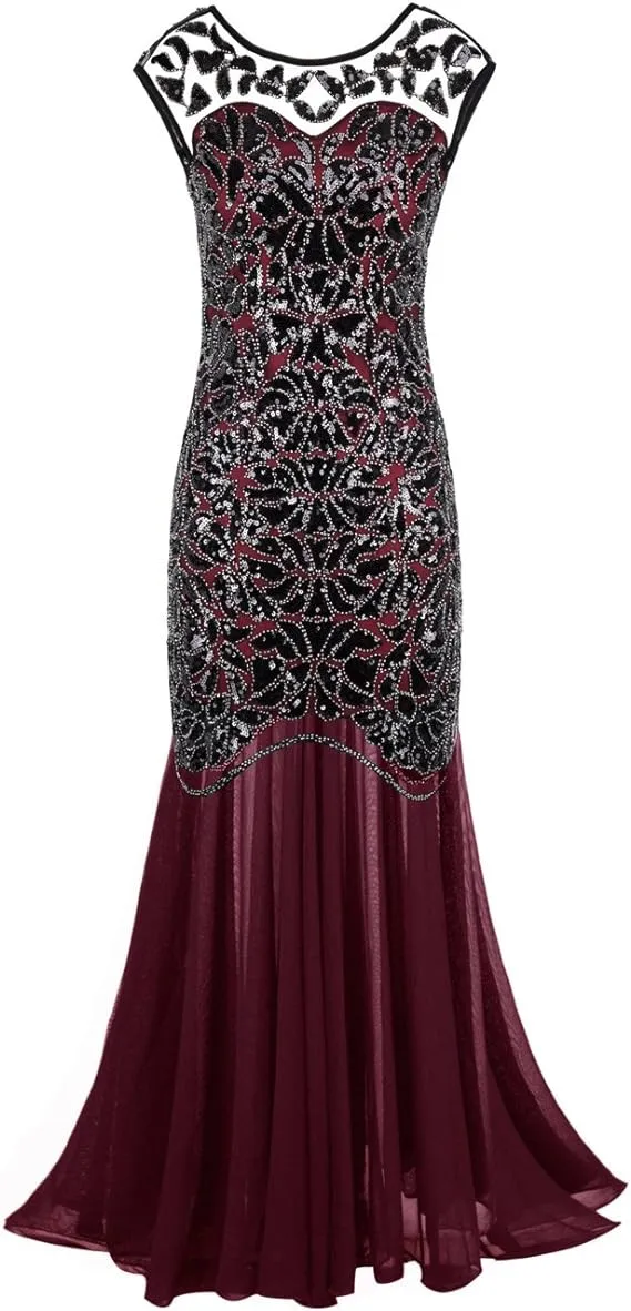 1920s Black Sequin Gatsby Maxi Long Evening Dress