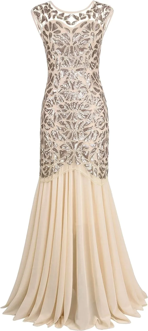 1920s Black Sequin Gatsby Maxi Long Evening Dress