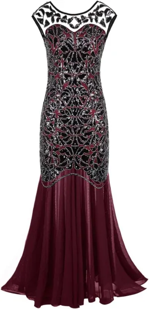 1920s Black Sequin Gatsby Maxi Long Evening Dress