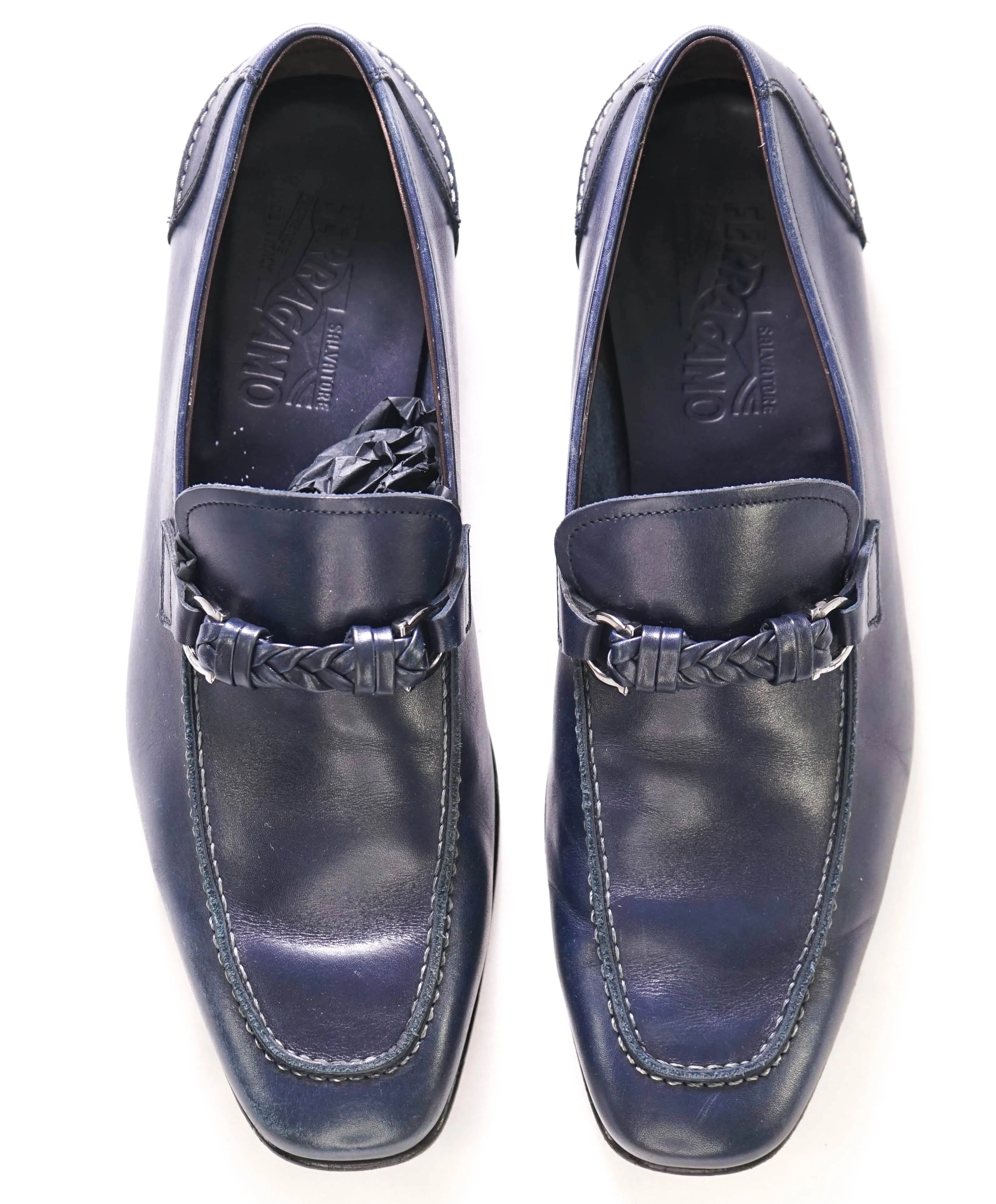 $860 SALVATORE FERRAGAMO -  "Nelli" Blue Braided Gancini Bit Loafer - 8.5 US
