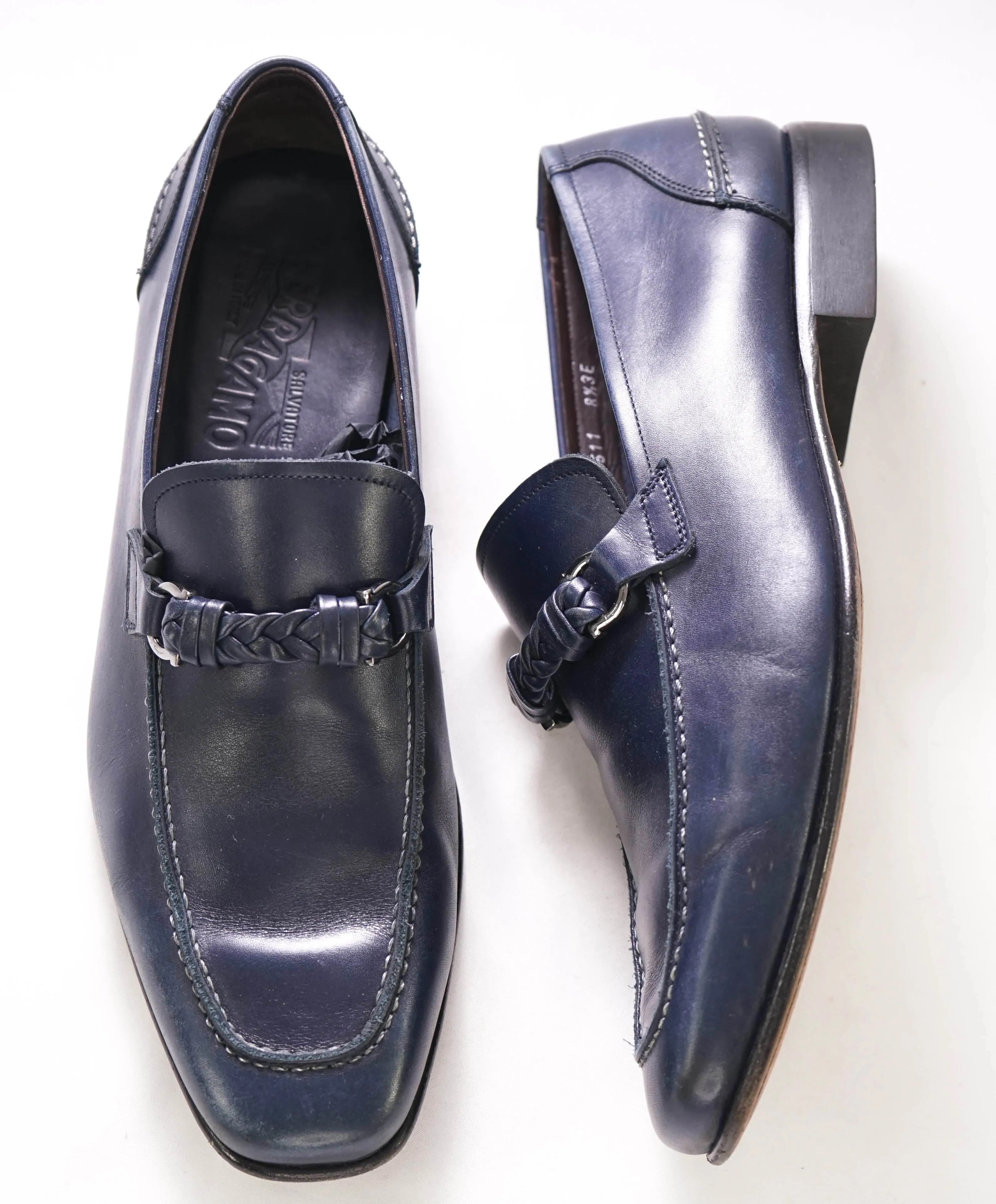 $860 SALVATORE FERRAGAMO -  "Nelli" Blue Braided Gancini Bit Loafer - 8.5 US