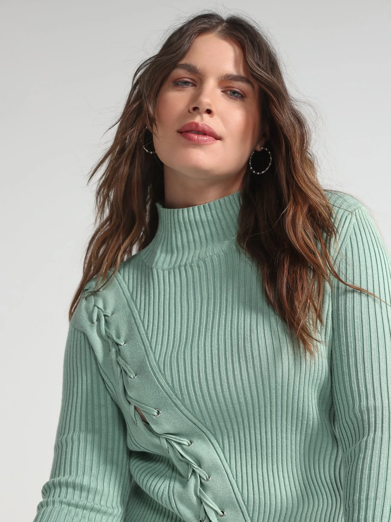 Aneka Asymmetrical Lace-up Ribbed Knit Sweater