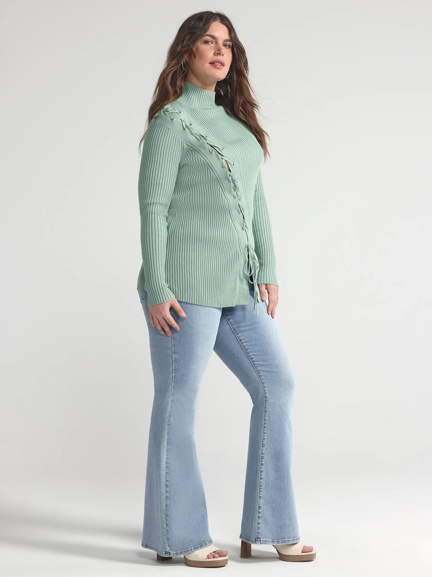 Aneka Asymmetrical Lace-up Ribbed Knit Sweater