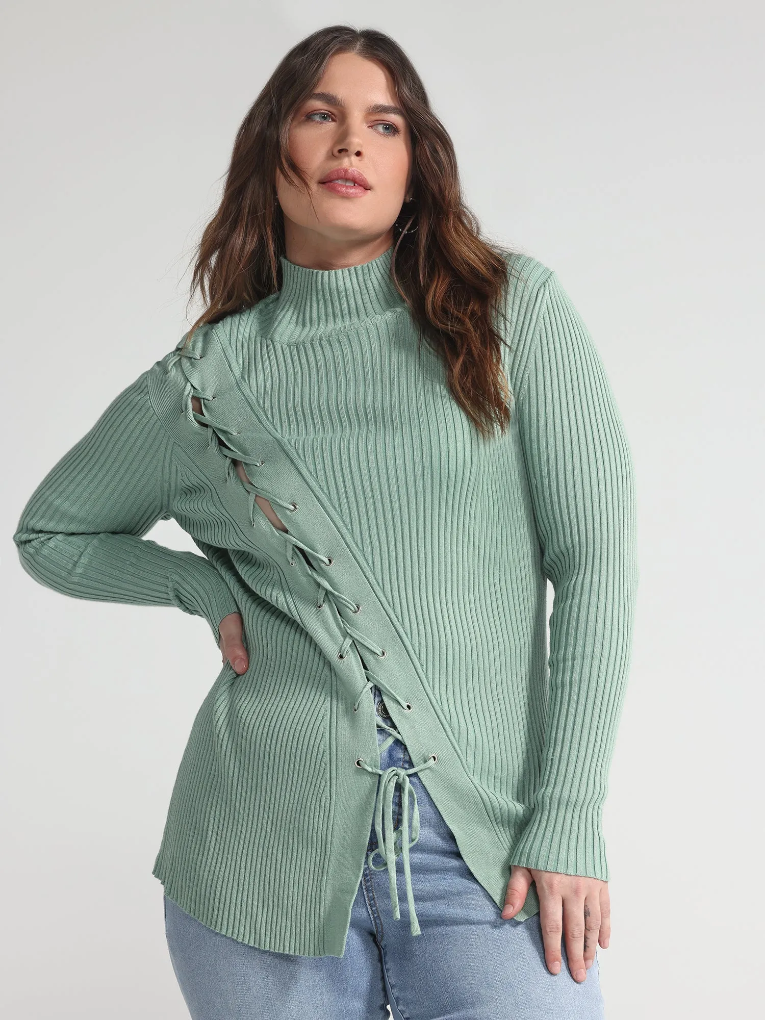 Aneka Asymmetrical Lace-up Ribbed Knit Sweater