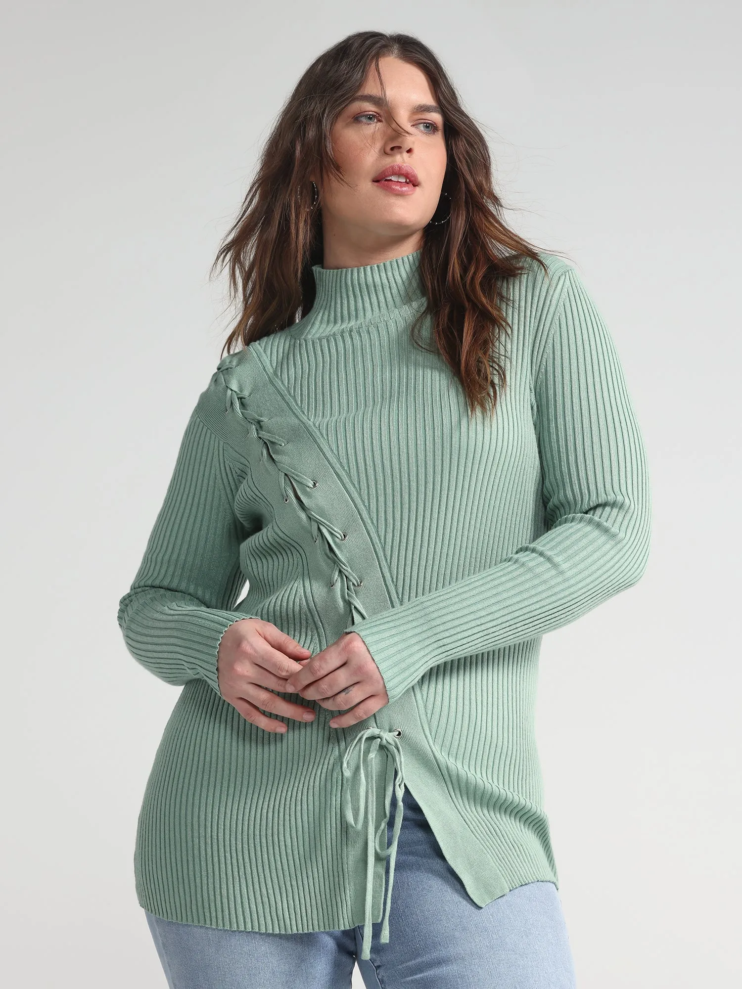 Aneka Asymmetrical Lace-up Ribbed Knit Sweater