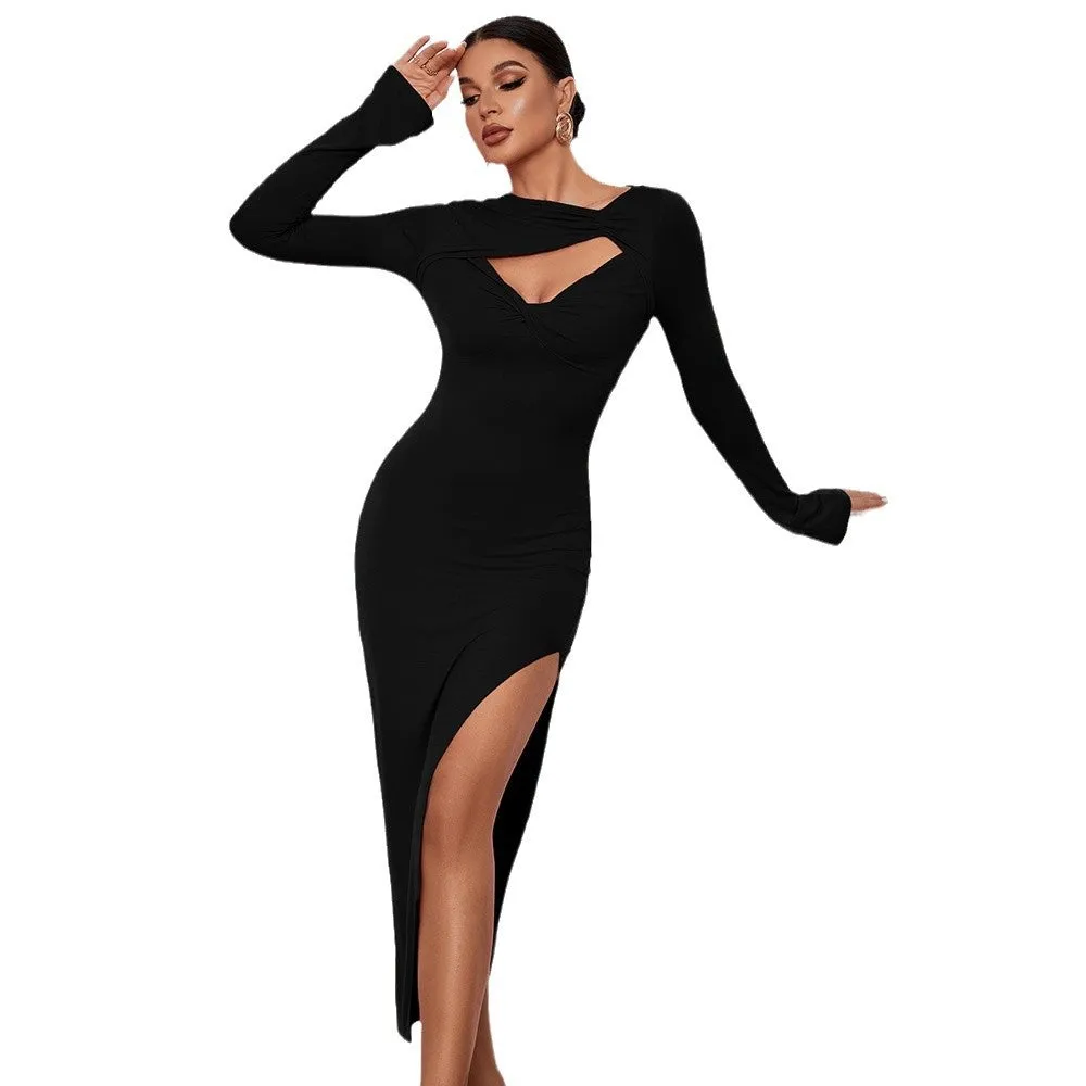 Bold and Elegant Cutout Long Sleeve Bodycon Dress with High Slit