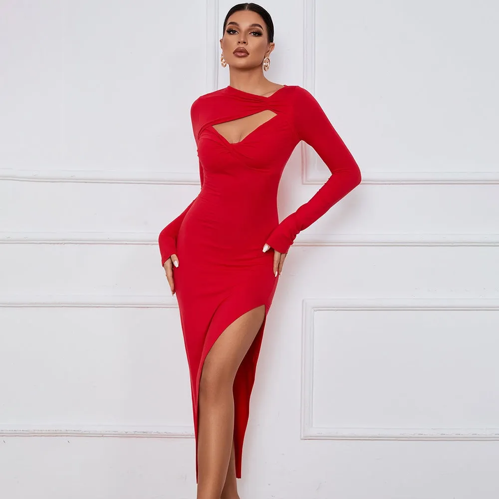Bold and Elegant Cutout Long Sleeve Bodycon Dress with High Slit