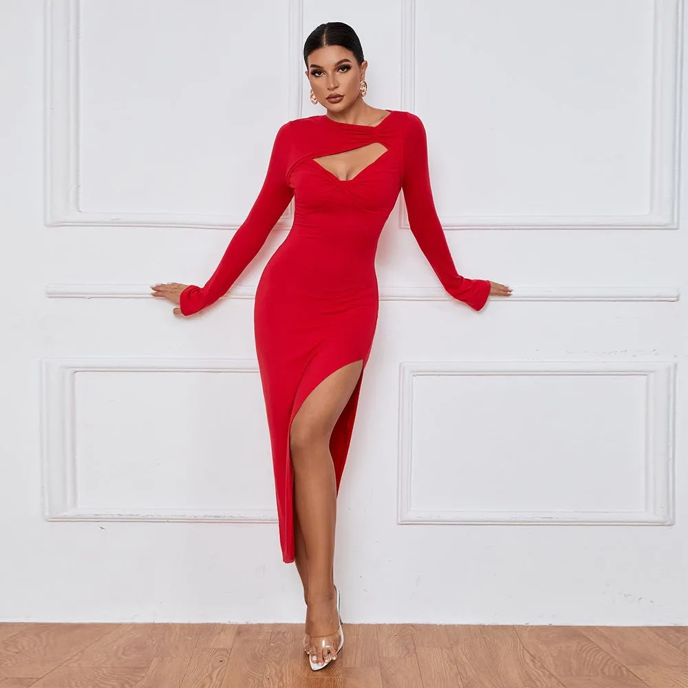 Bold and Elegant Cutout Long Sleeve Bodycon Dress with High Slit