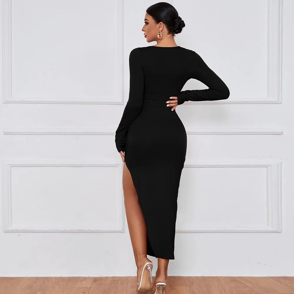 Bold and Elegant Cutout Long Sleeve Bodycon Dress with High Slit
