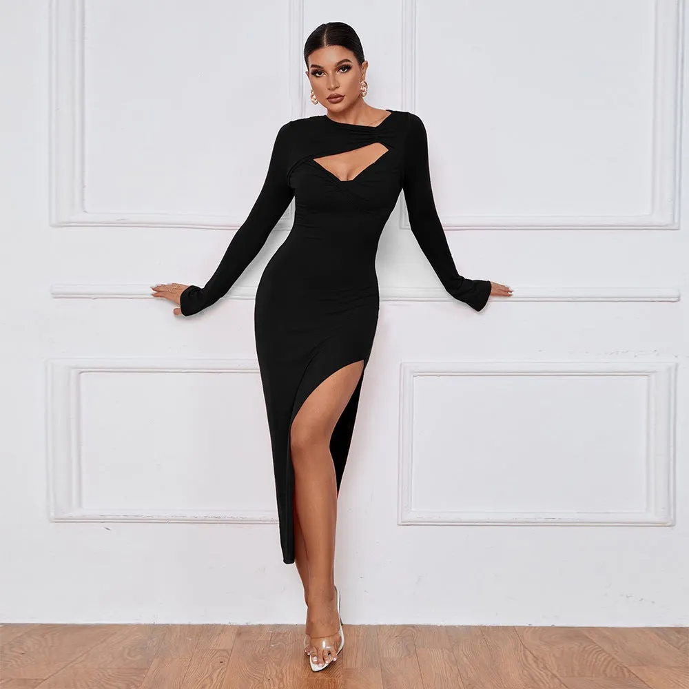 Bold and Elegant Cutout Long Sleeve Bodycon Dress with High Slit