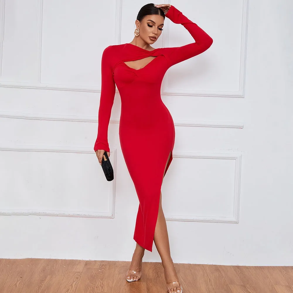 Bold and Elegant Cutout Long Sleeve Bodycon Dress with High Slit