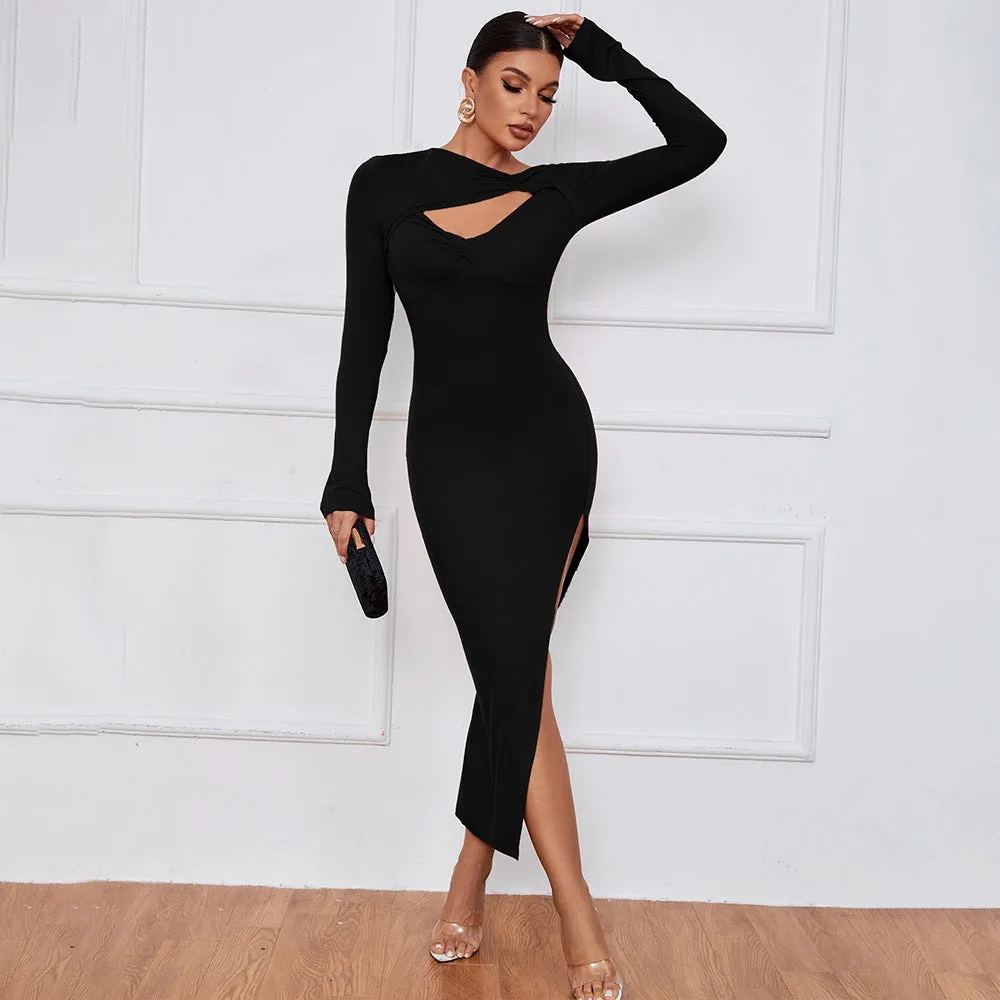 Bold and Elegant Cutout Long Sleeve Bodycon Dress with High Slit