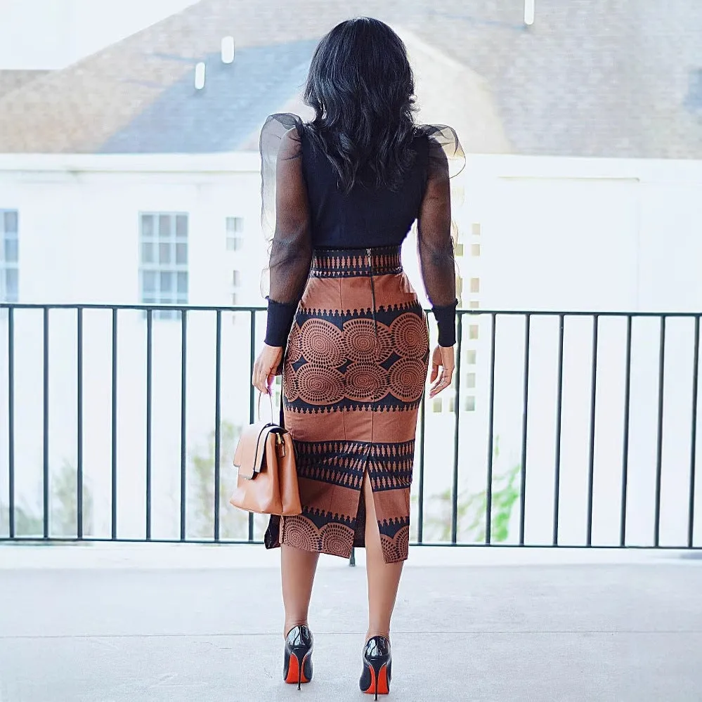 Bold and Stylish Printed Elastic Slit Bodycon Skirt for Effortless Elegance