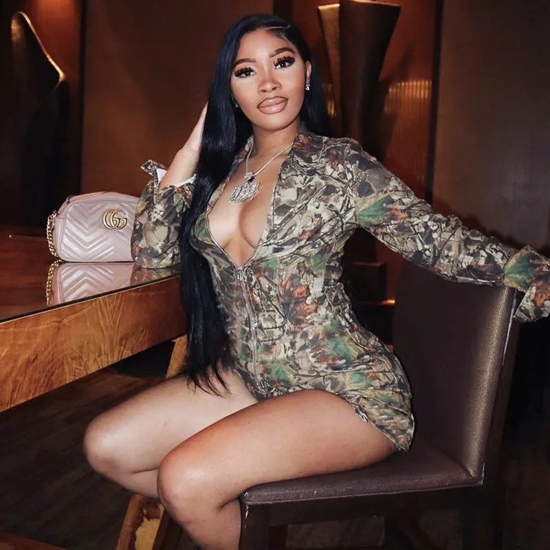 Bold Deep V-Neck Camouflage Long-Sleeve Fitted Jumpsuit