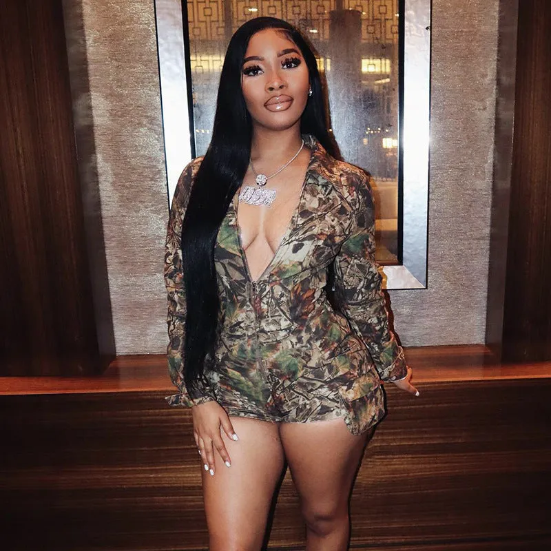 Bold Deep V-Neck Camouflage Long-Sleeve Fitted Jumpsuit
