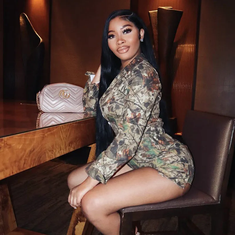 Bold Deep V-Neck Camouflage Long-Sleeve Fitted Jumpsuit