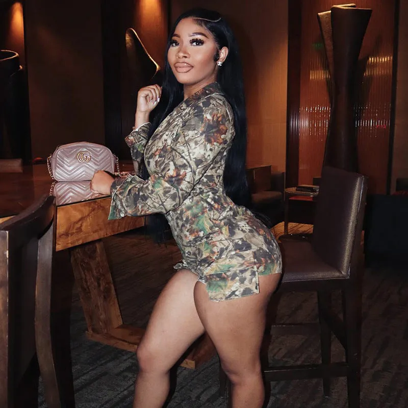 Bold Deep V-Neck Camouflage Long-Sleeve Fitted Jumpsuit