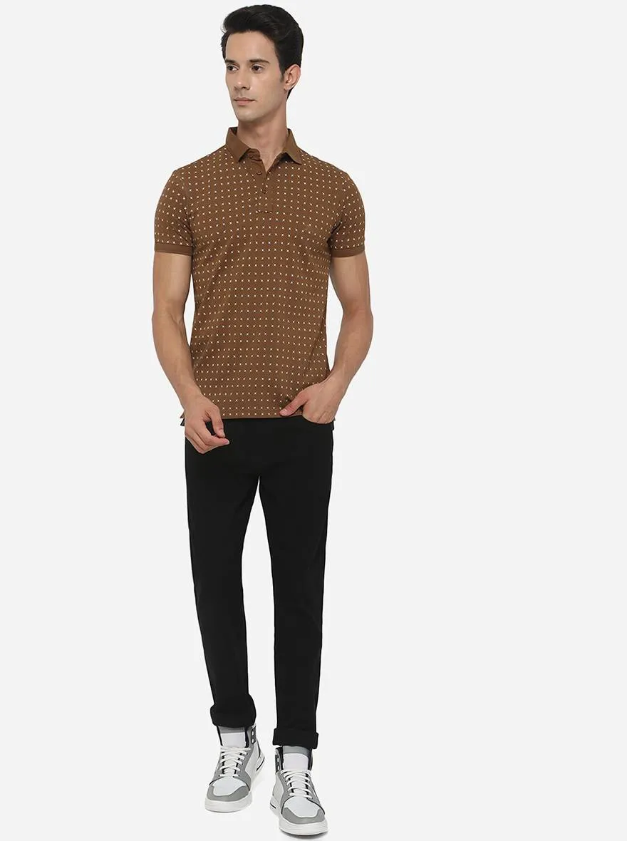 Brown Printed Slim Fit Polo T-Shirt | JadeBlue