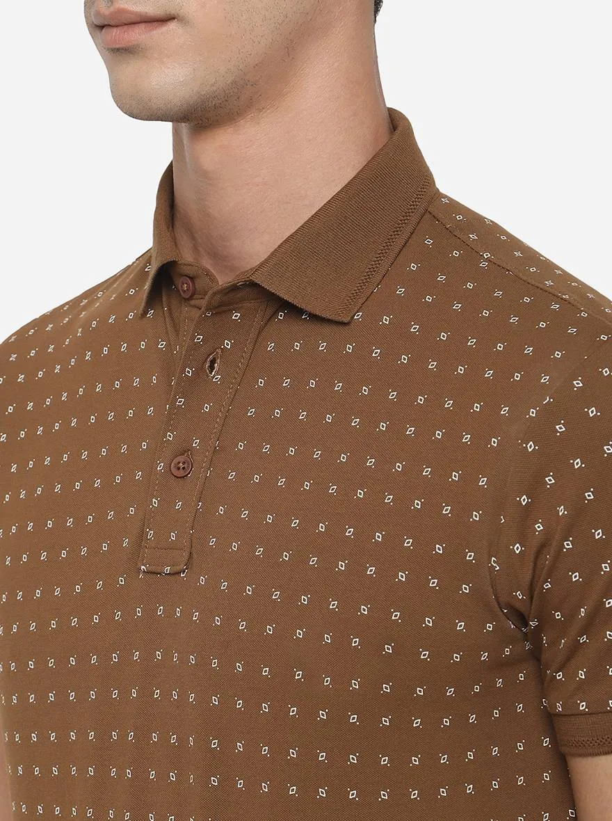 Brown Printed Slim Fit Polo T-Shirt | JadeBlue