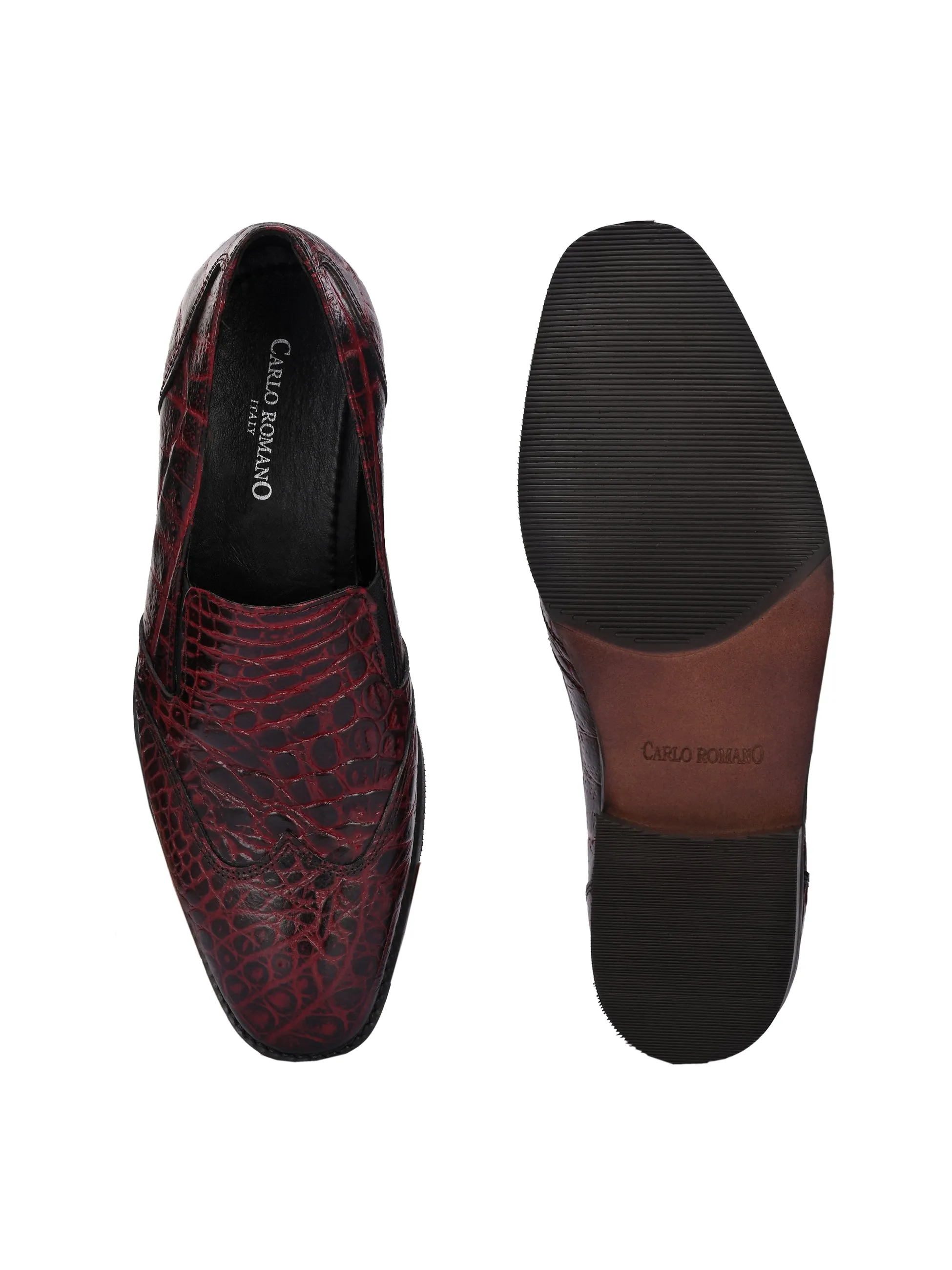 CARLO ROMANO BORDO COLOR ITALIAN CROCODILE PRINTED LEATHER MOCCASIN SLIPON SHOE FOR MEN