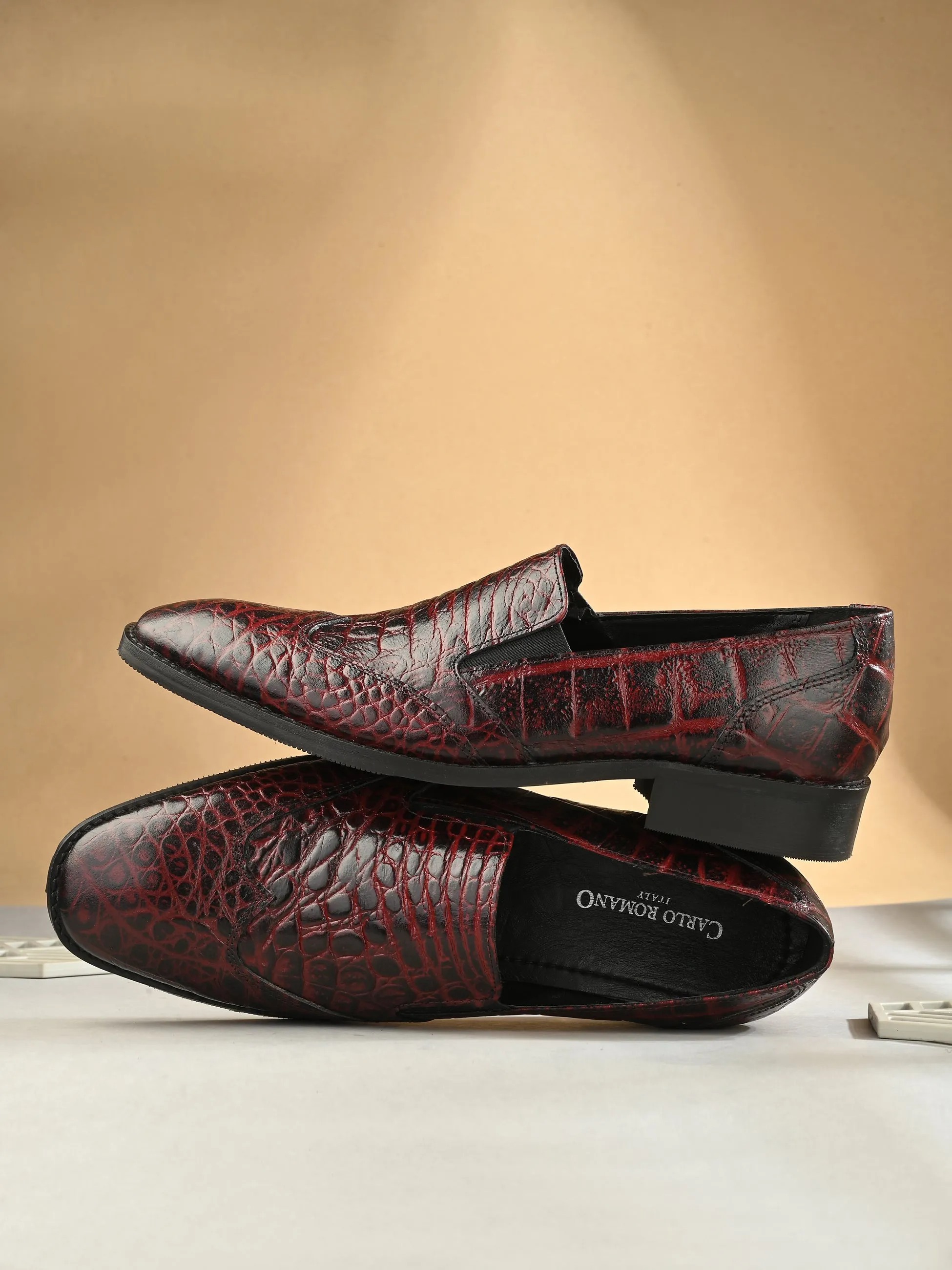 CARLO ROMANO BORDO COLOR ITALIAN CROCODILE PRINTED LEATHER MOCCASIN SLIPON SHOE FOR MEN
