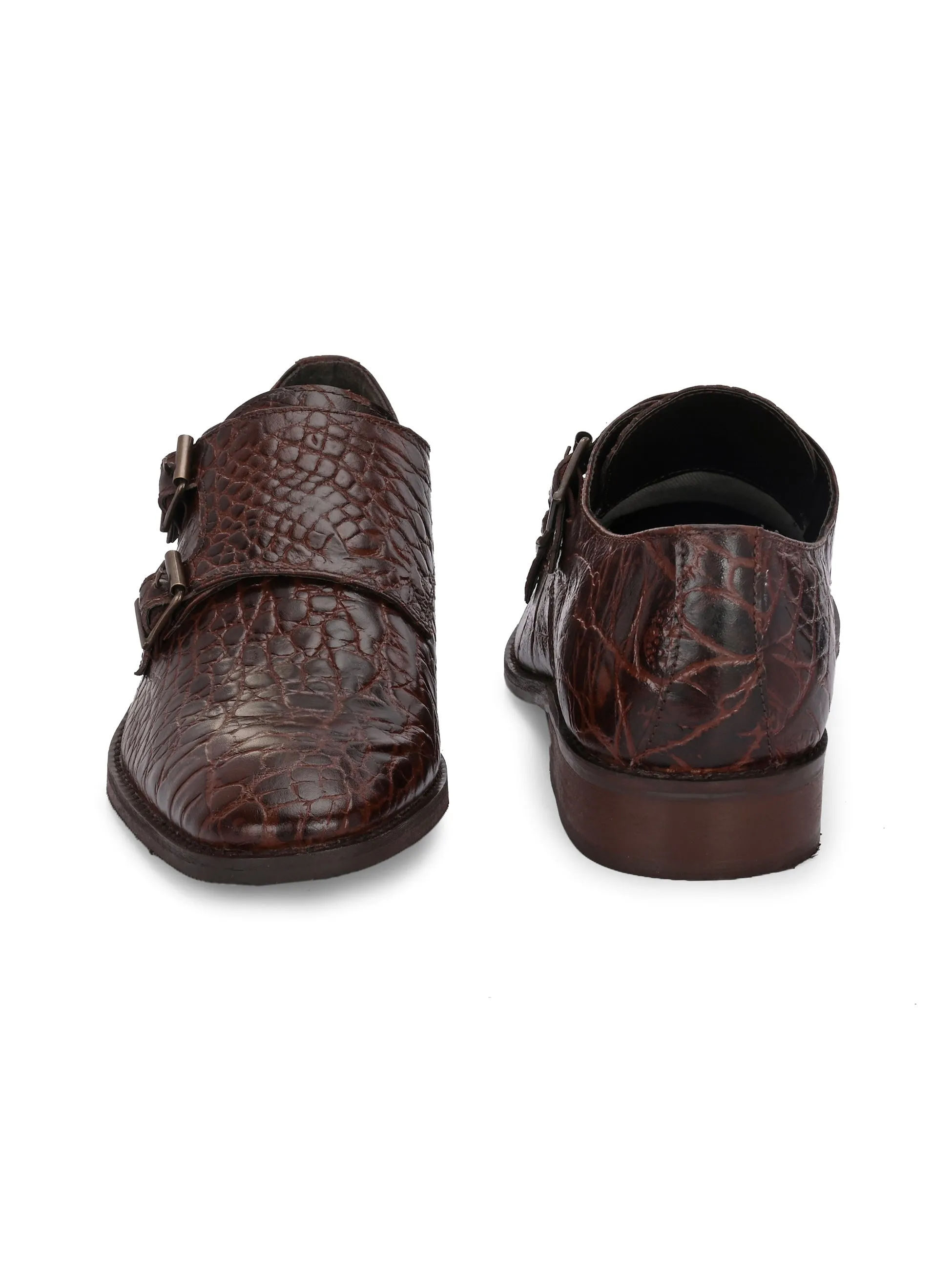 CARLO ROMANO BROWN COLOR PREMIUM RANGE ITALIAN CROCODILE PRINTED LEATHER MONK SHOE FOR MEN
