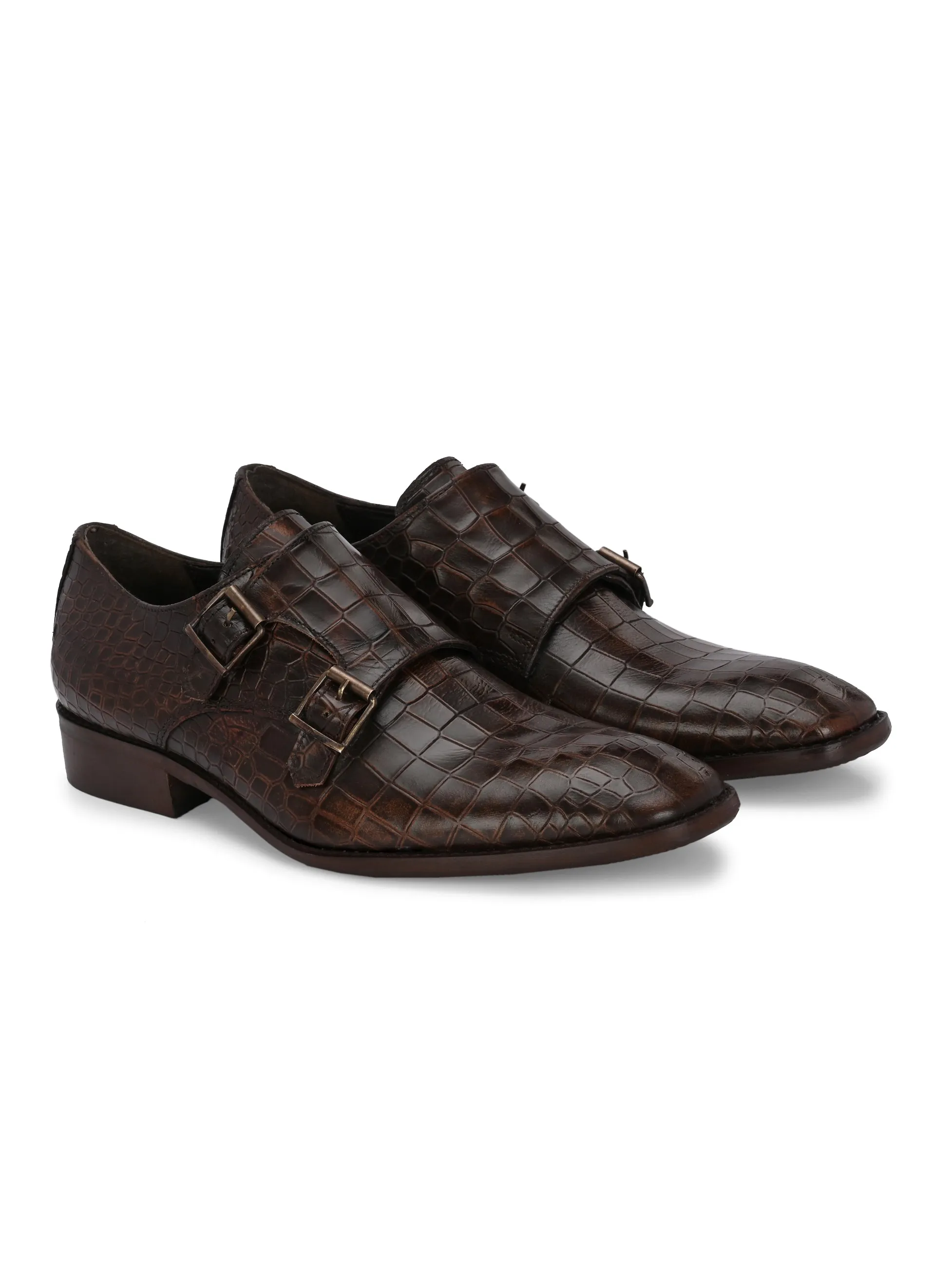 CARLO ROMANO BROWN COLOR PREMIUM RANGE ITALIAN CROCODILE PRINTED LEATHER MONK SHOE FOR MEN