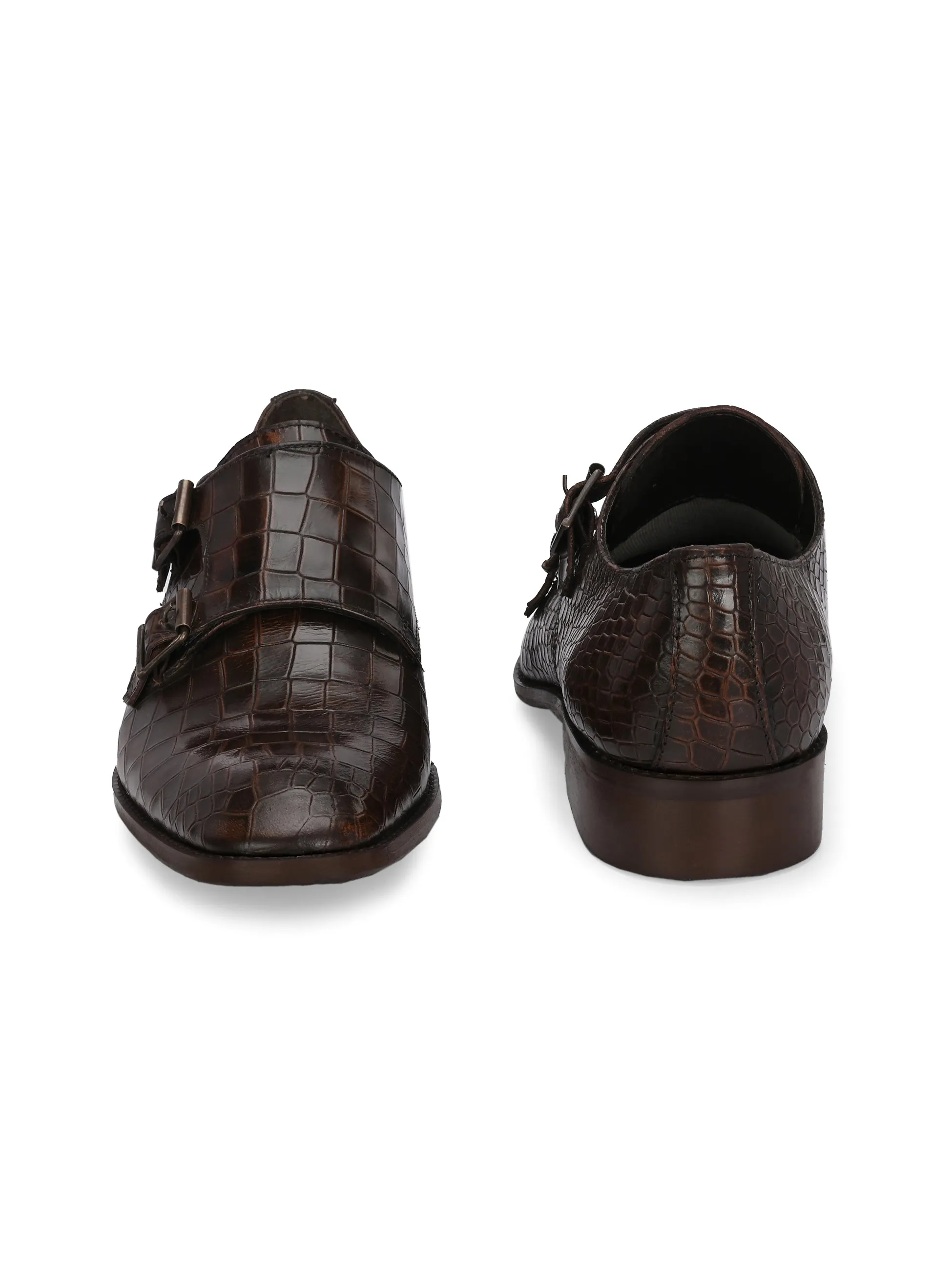 CARLO ROMANO BROWN COLOR PREMIUM RANGE ITALIAN CROCODILE PRINTED LEATHER MONK SHOE FOR MEN
