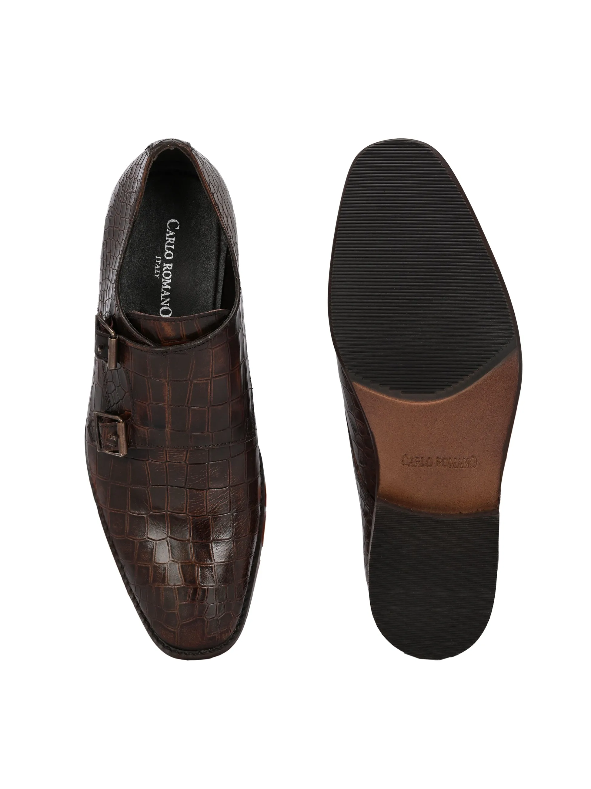 CARLO ROMANO BROWN COLOR PREMIUM RANGE ITALIAN CROCODILE PRINTED LEATHER MONK SHOE FOR MEN
