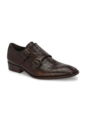 CARLO ROMANO BROWN COLOR PREMIUM RANGE ITALIAN CROCODILE PRINTED LEATHER MONK SHOE FOR MEN