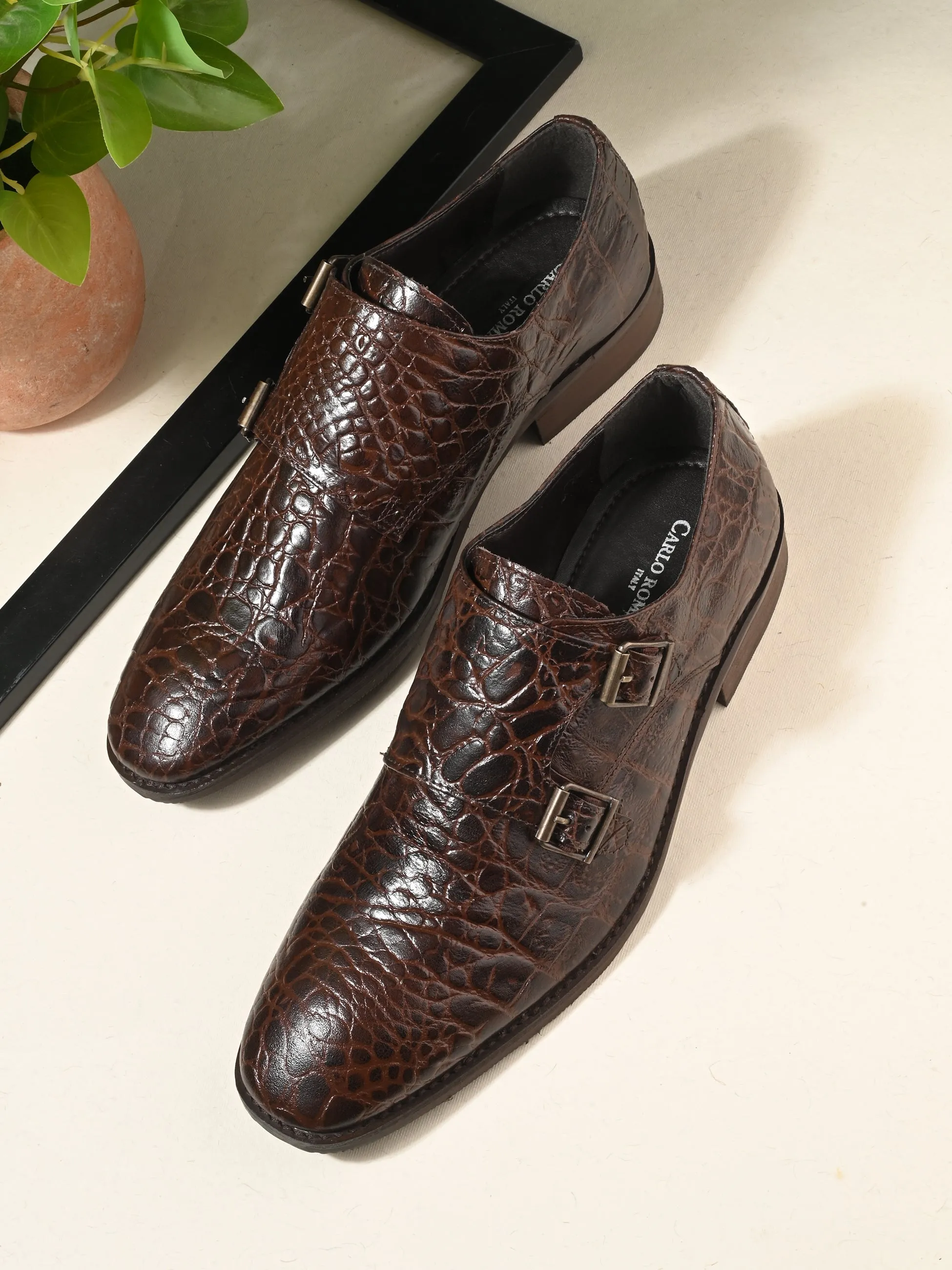CARLO ROMANO BROWN COLOR PREMIUM RANGE ITALIAN CROCODILE PRINTED LEATHER MONK SHOE FOR MEN