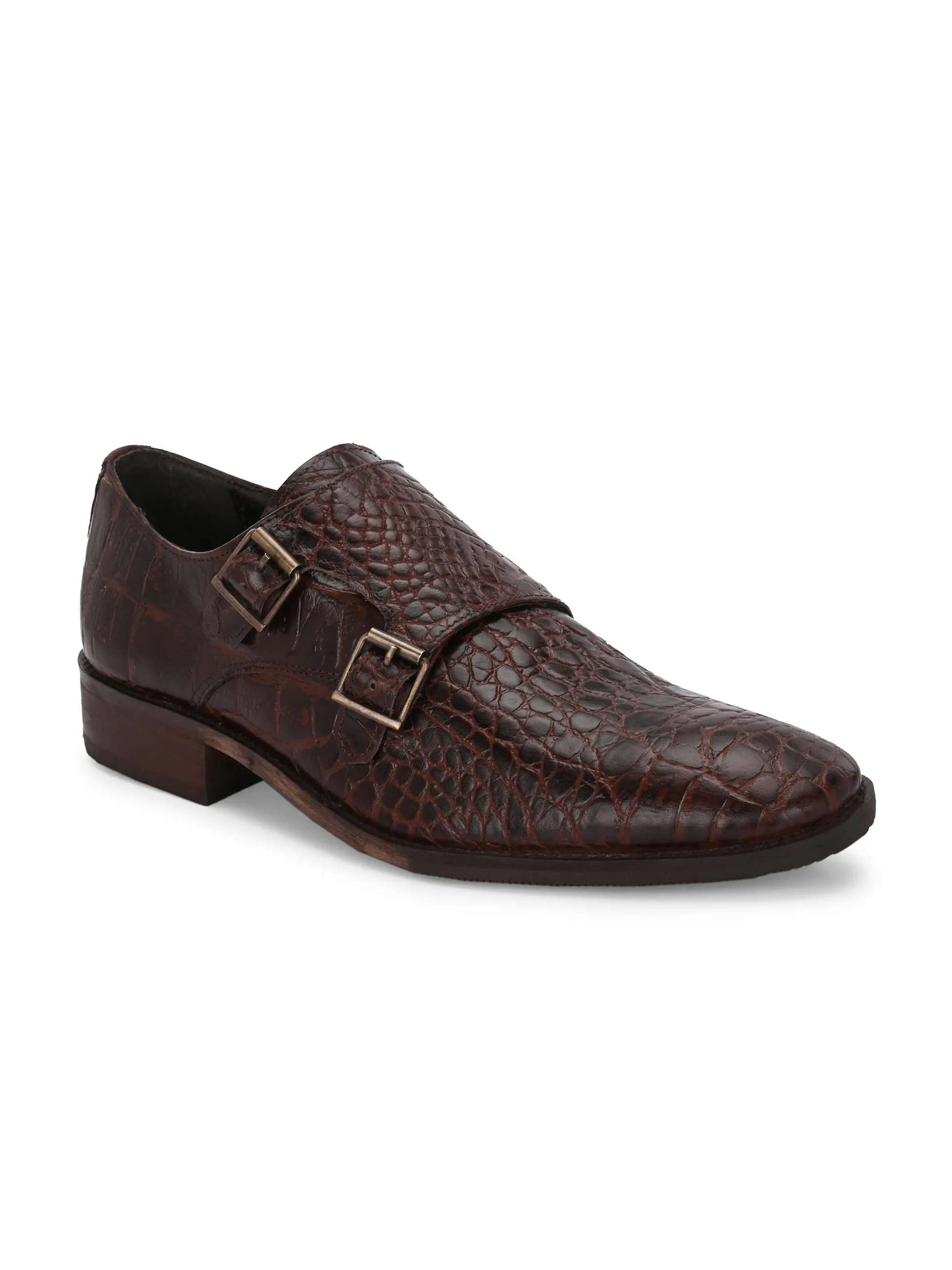CARLO ROMANO BROWN COLOR PREMIUM RANGE ITALIAN CROCODILE PRINTED LEATHER MONK SHOE FOR MEN