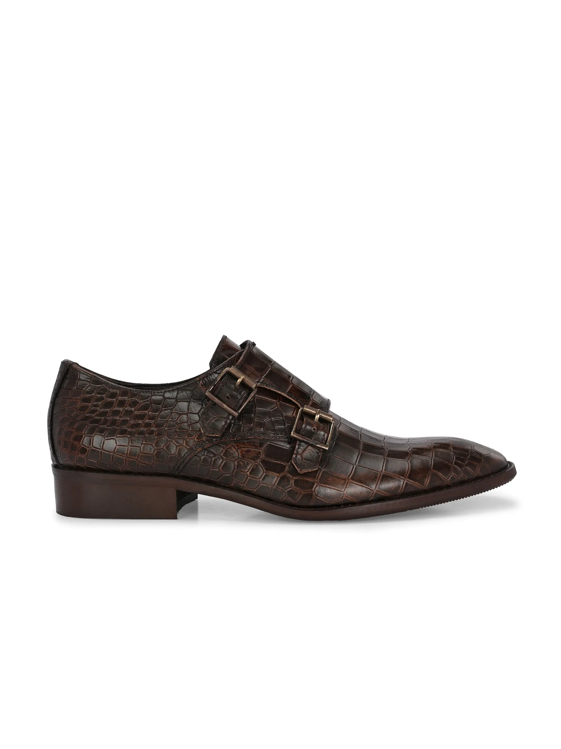 CARLO ROMANO BROWN COLOR PREMIUM RANGE ITALIAN CROCODILE PRINTED LEATHER MONK SHOE FOR MEN