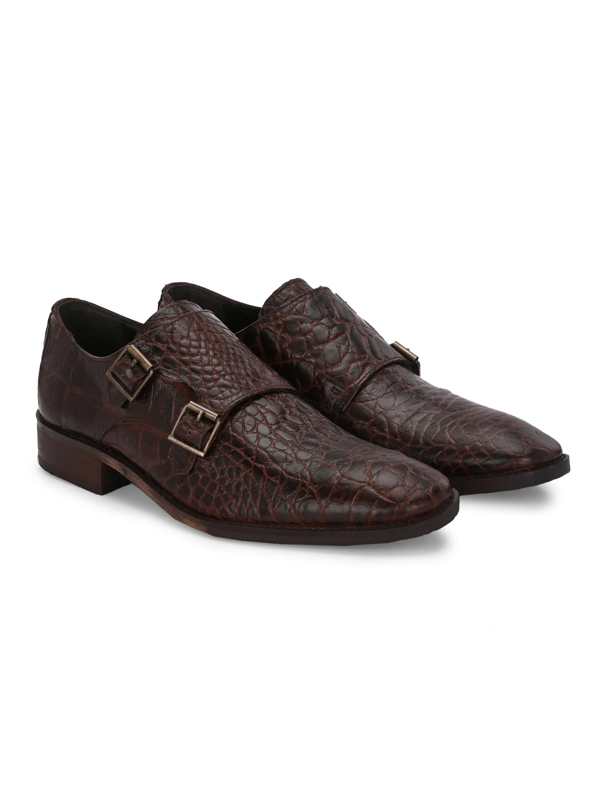 CARLO ROMANO BROWN COLOR PREMIUM RANGE ITALIAN CROCODILE PRINTED LEATHER MONK SHOE FOR MEN