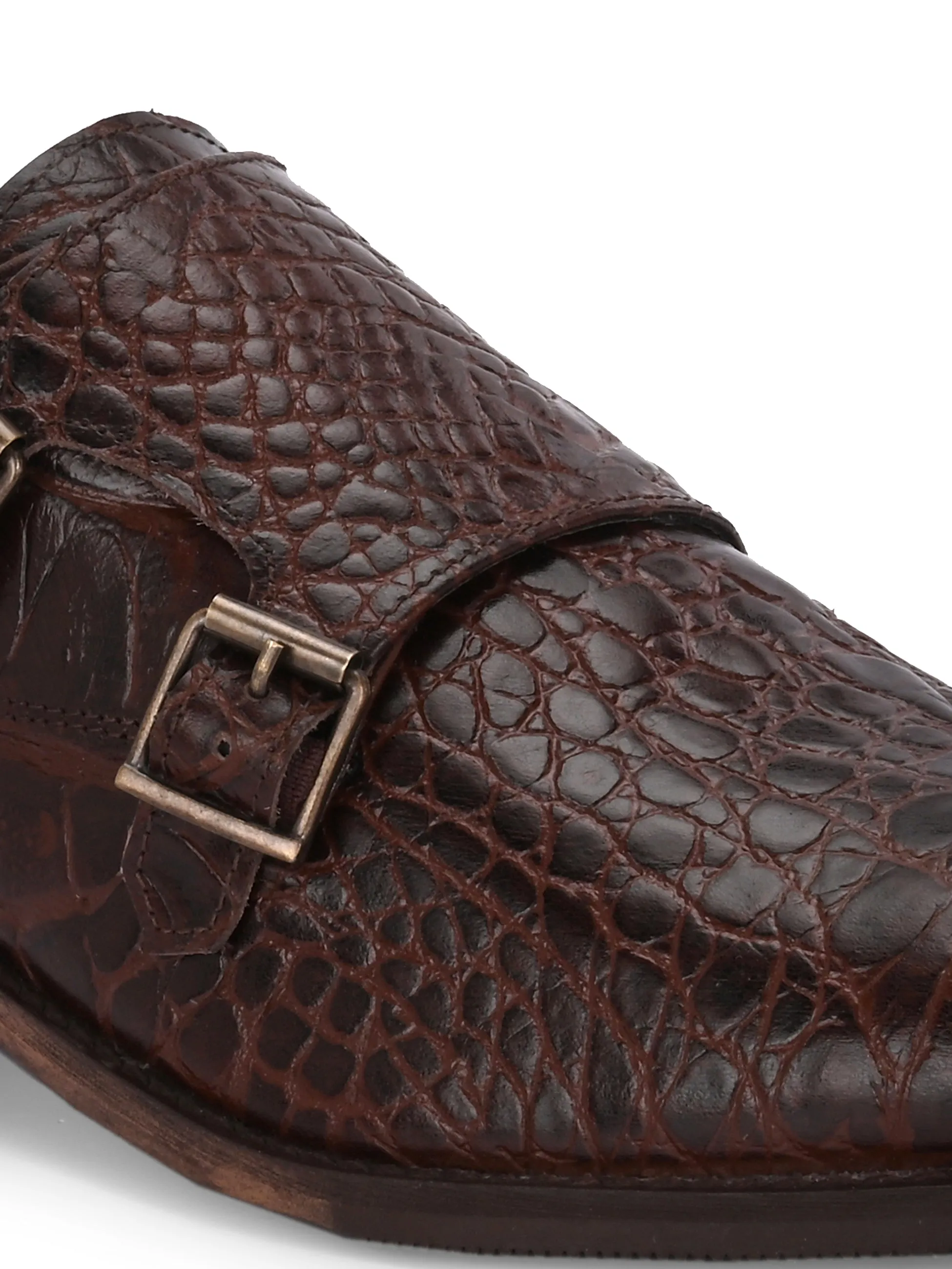 CARLO ROMANO BROWN COLOR PREMIUM RANGE ITALIAN CROCODILE PRINTED LEATHER MONK SHOE FOR MEN