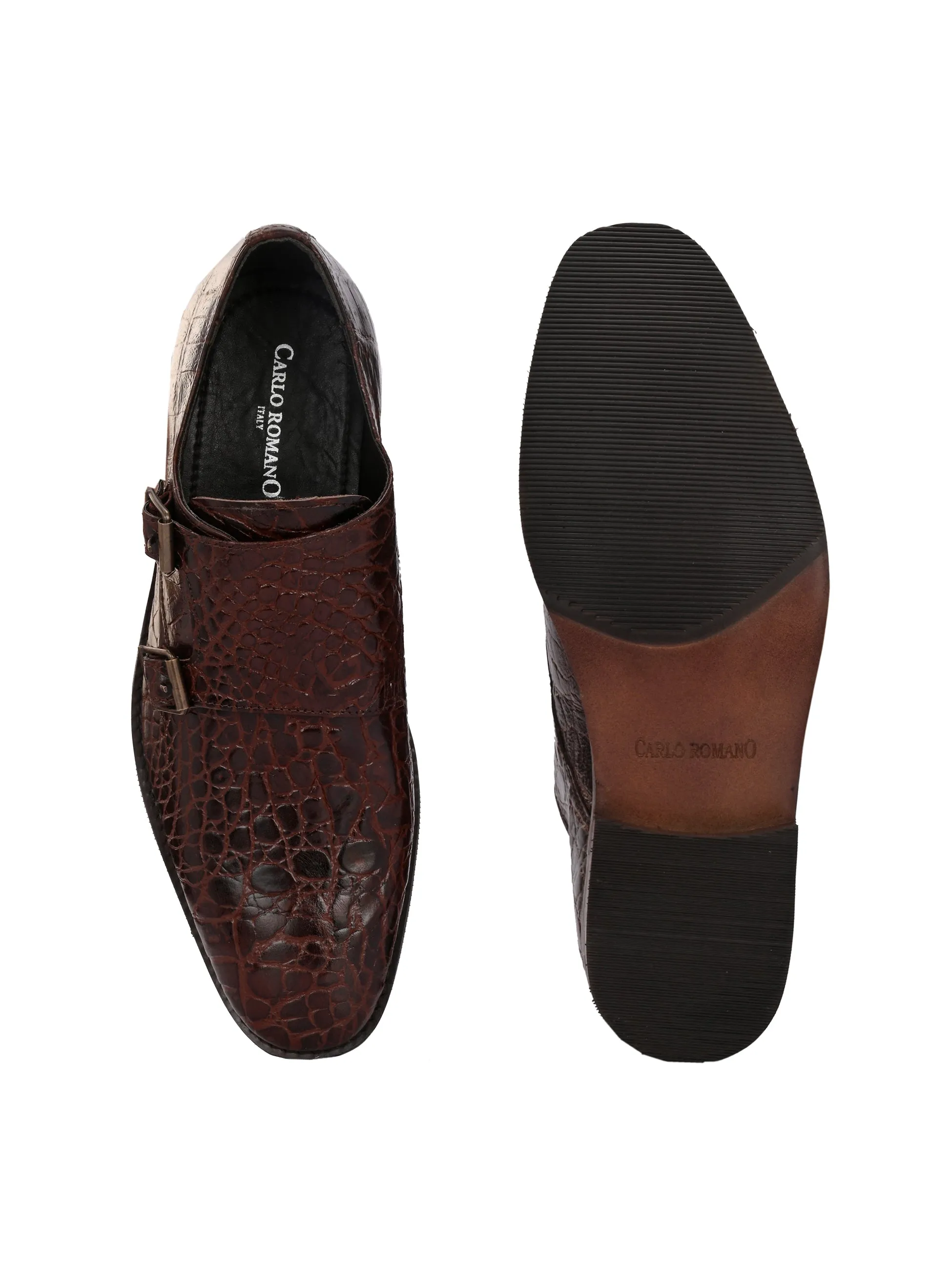 CARLO ROMANO BROWN COLOR PREMIUM RANGE ITALIAN CROCODILE PRINTED LEATHER MONK SHOE FOR MEN