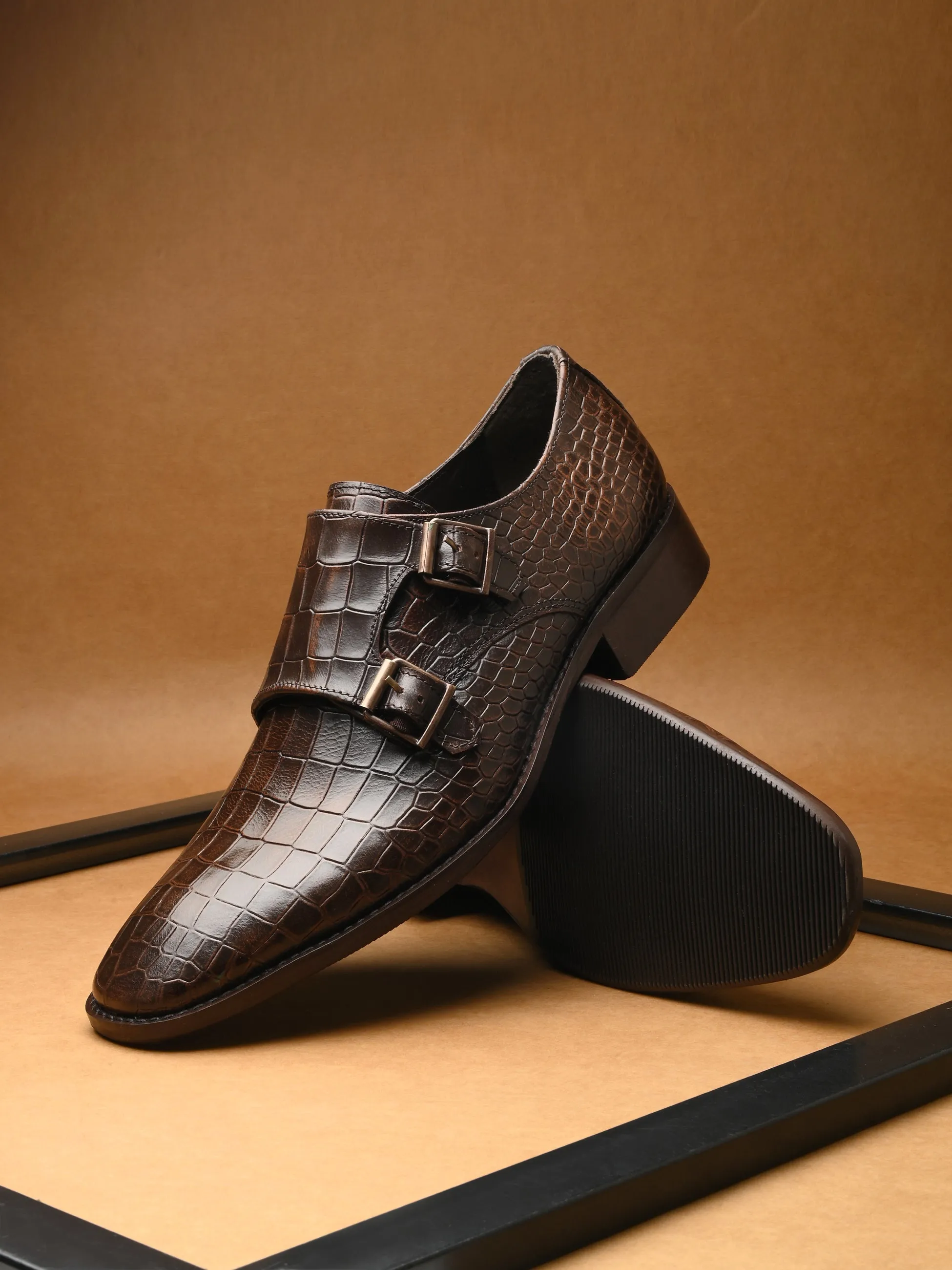 CARLO ROMANO BROWN COLOR PREMIUM RANGE ITALIAN CROCODILE PRINTED LEATHER MONK SHOE FOR MEN