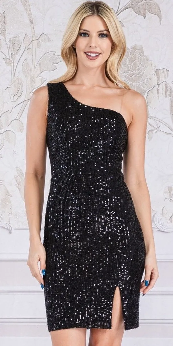 Celavie 6582-S Short Sleeveless One Shoulder Sequin Dress with Slit