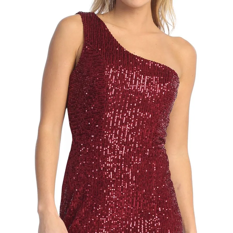 Celavie 6582-S Short Sleeveless One Shoulder Sequin Dress with Slit