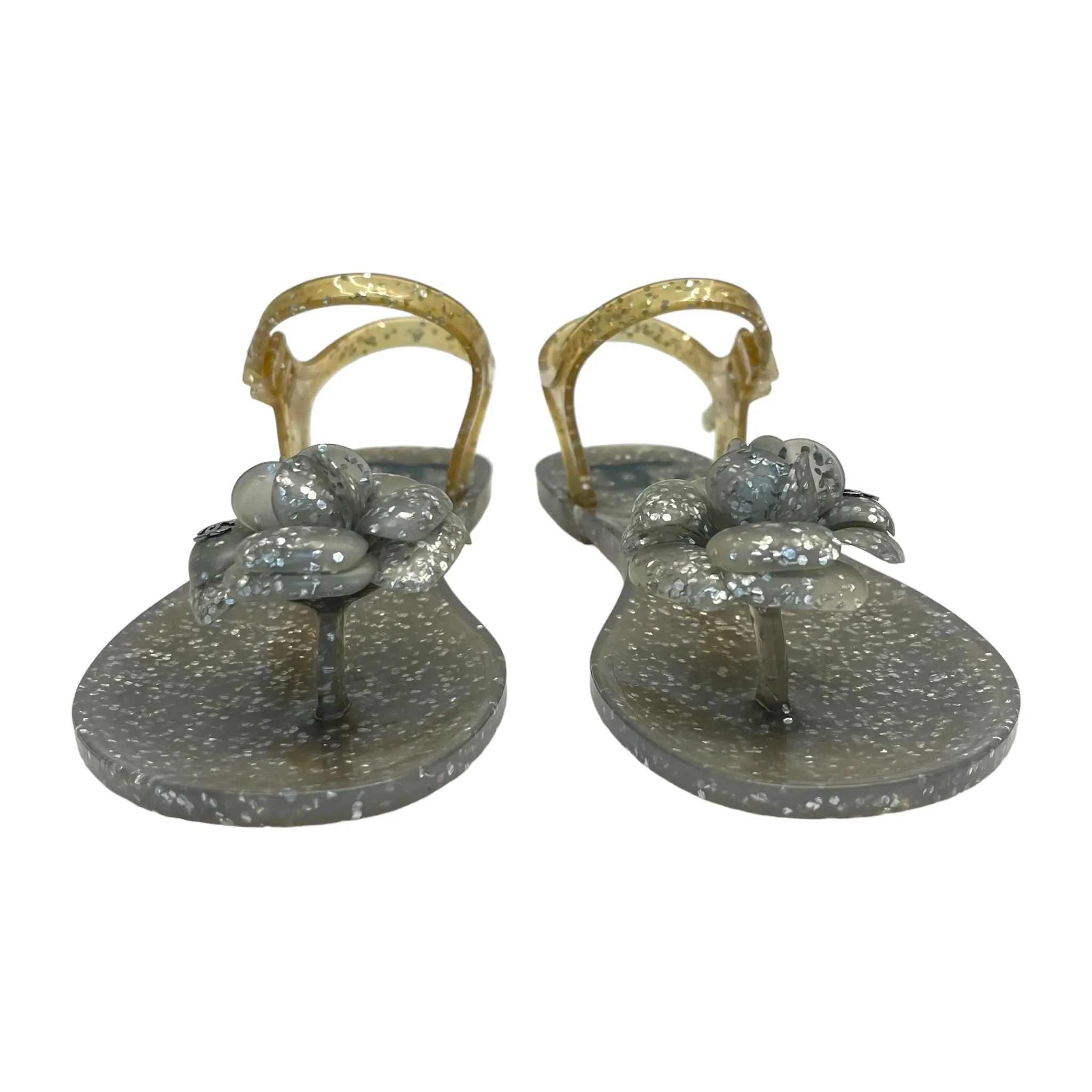 Chanel Grey Glitter Jelly Camellia Flat Sandals Size EU 36