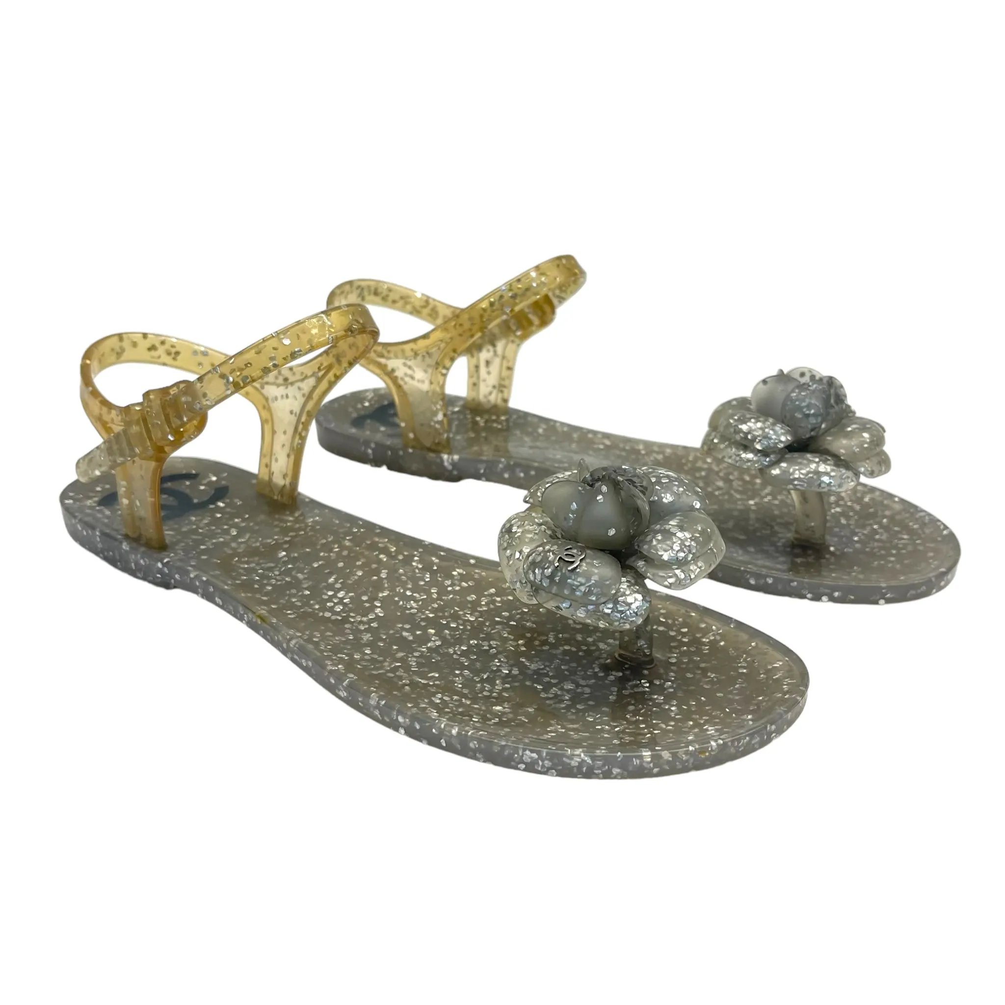 Chanel Grey Glitter Jelly Camellia Flat Sandals Size EU 36