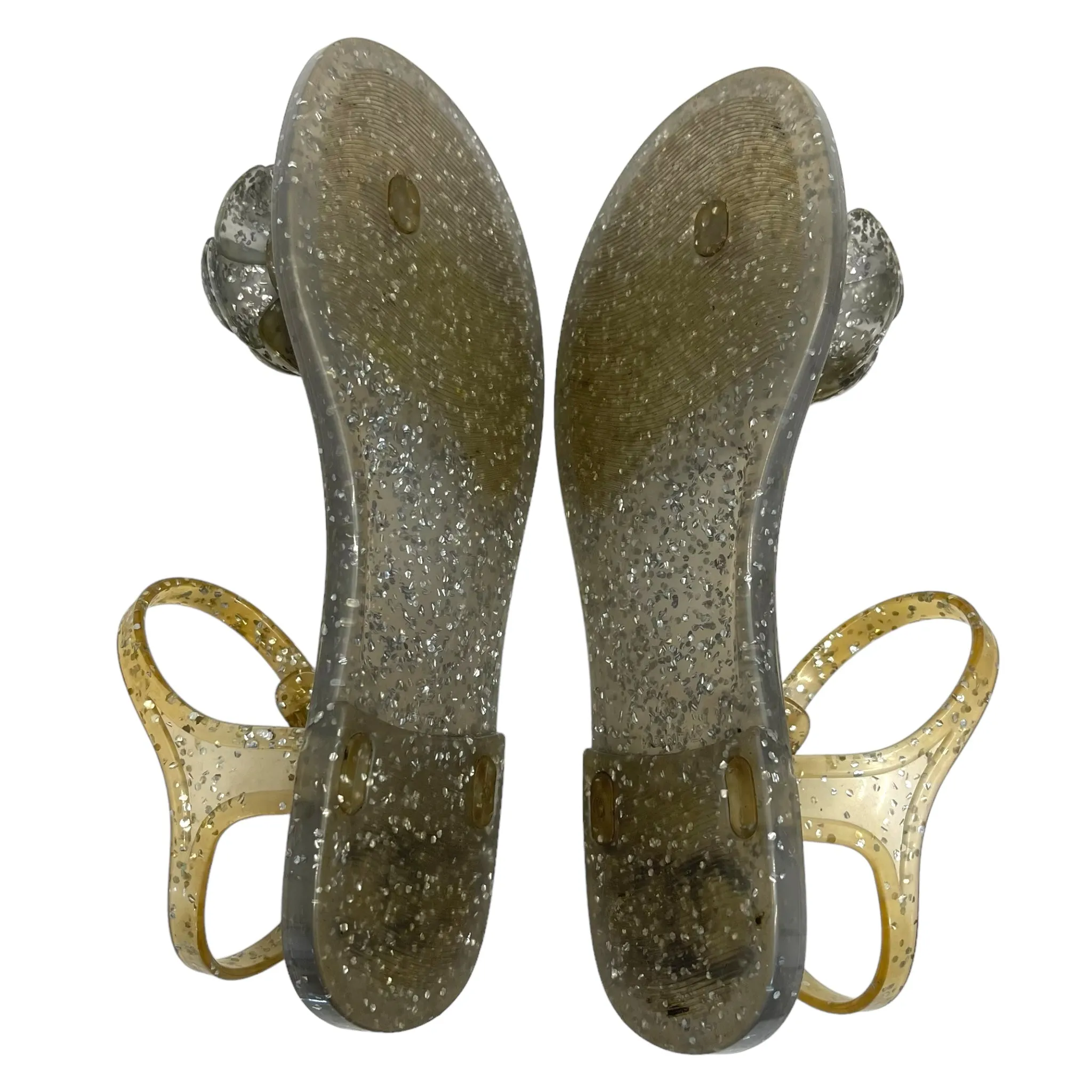 Chanel Grey Glitter Jelly Camellia Flat Sandals Size EU 36