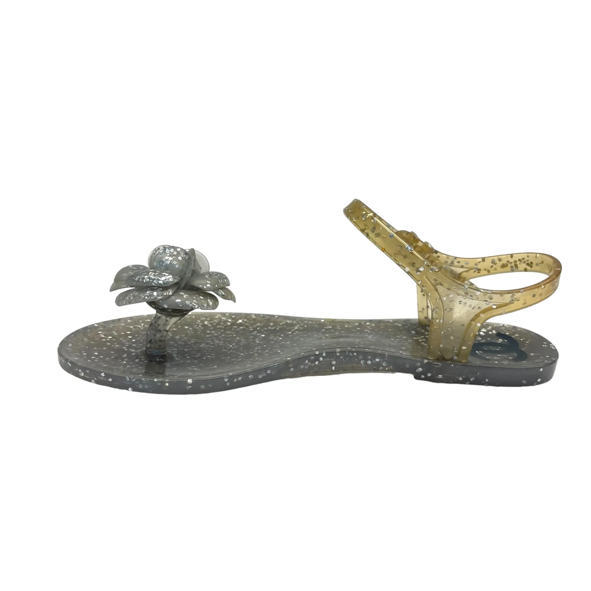 Chanel Grey Glitter Jelly Camellia Flat Sandals Size EU 36