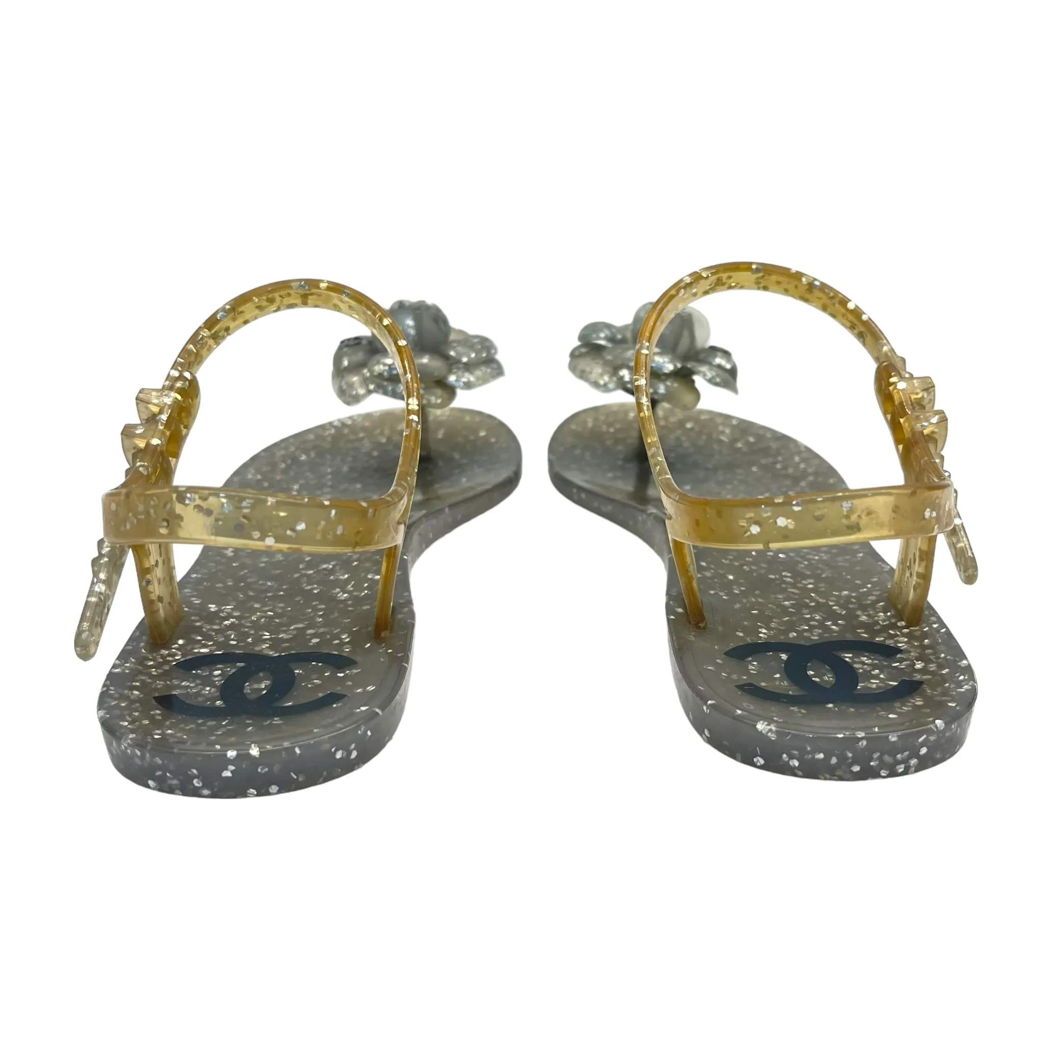 Chanel Grey Glitter Jelly Camellia Flat Sandals Size EU 36