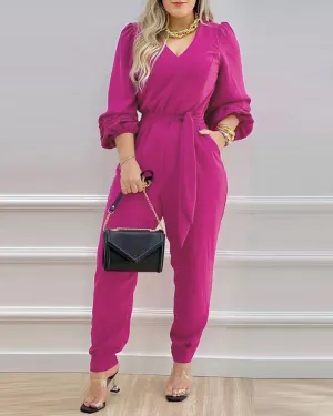 Chic Belted Long-Sleeve V-Neck Tailored Jumpsuit