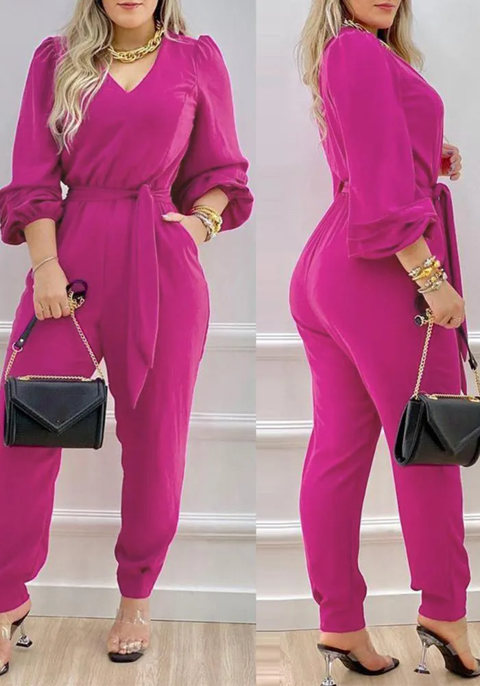 Chic Belted Long-Sleeve V-Neck Tailored Jumpsuit