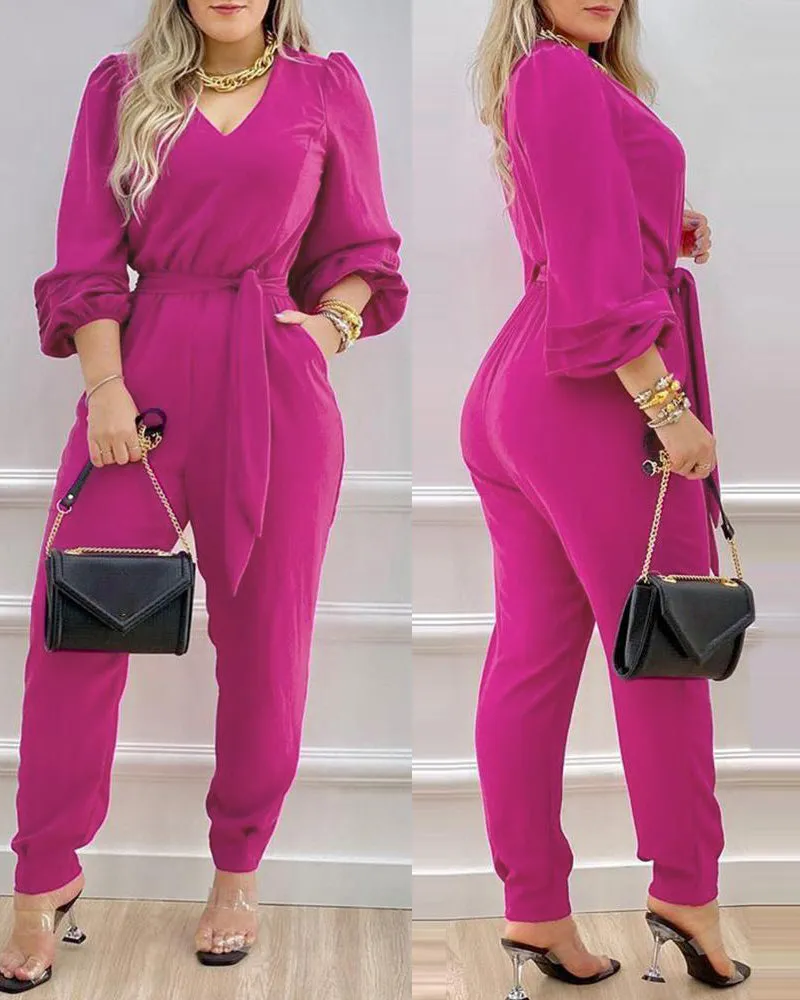 Chic Belted Long-Sleeve V-Neck Tailored Jumpsuit