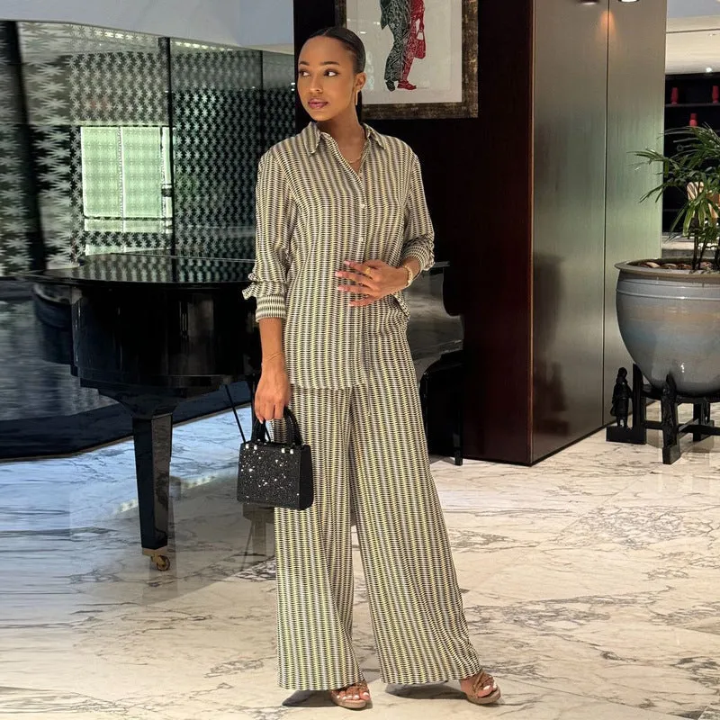 Chic Printed Long-Sleeve Shirt and Wide-Leg Pants Two-Piece Set for Effortless Elegance