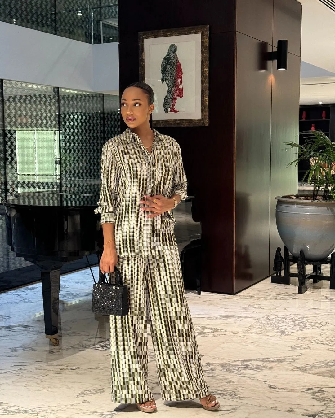 Chic Printed Long-Sleeve Shirt and Wide-Leg Pants Two-Piece Set for Effortless Elegance