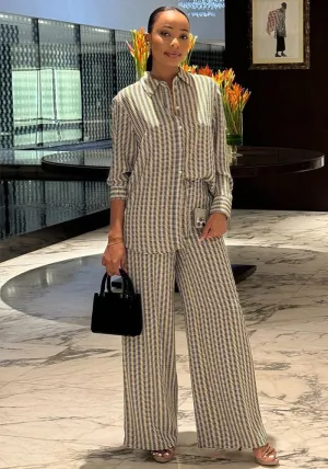 Chic Printed Long-Sleeve Shirt and Wide-Leg Pants Two-Piece Set for Effortless Elegance